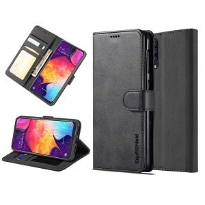 Samsung Galaxy A50 Genuine SupRShield Wallet Leather Flip Stand Case Cover (Black)