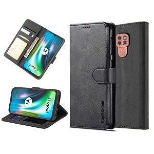 Motorola Moto G9 Play Wallet Case Flip Leather Card Slots Cover (Black)