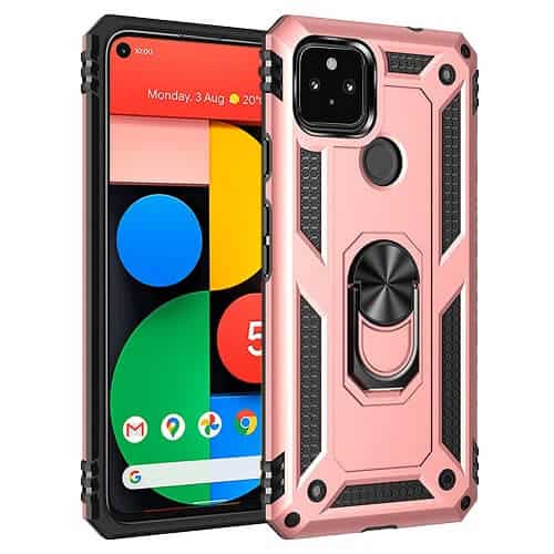 Google Pixel 5 5G Heavy Duty Shockproof Rugged Magnetic Ring Case Cover (Rose Gold)