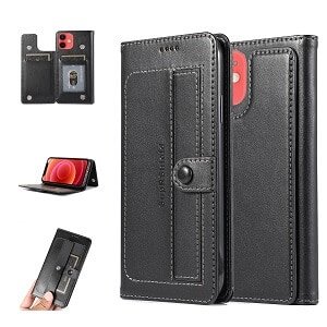 Apple iPhone 12 mini Wallet Case Flip Leather Card Slots Magnetic Stand Cover (Black)