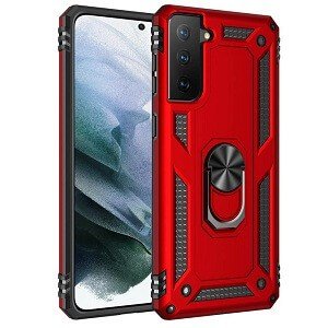 Samsung Galaxy S21 Rugged Shockproof Case Magnetic Ring Heavy Duty Kickstand Protective Back Cover (Red)