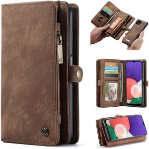 Samsung Galaxy A22 5G Brown Zipper Wallet Leather Case Cover, Tempered Glass Screen Protector, Clear Gel Case, Cable & Adapter, etc.