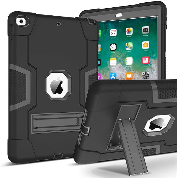 iPad 6th 5th Gen Air 1 Heavy Duty Case 9.7 Fancy Hybrid Stand Cover (Black)