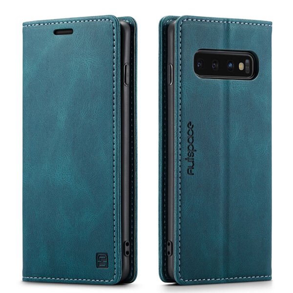 AutSpace For Samsung Galaxy S10 Case RFID Blocking Retro Flip Premium Leather Card Holder Wallet Cover - Cyan Blue