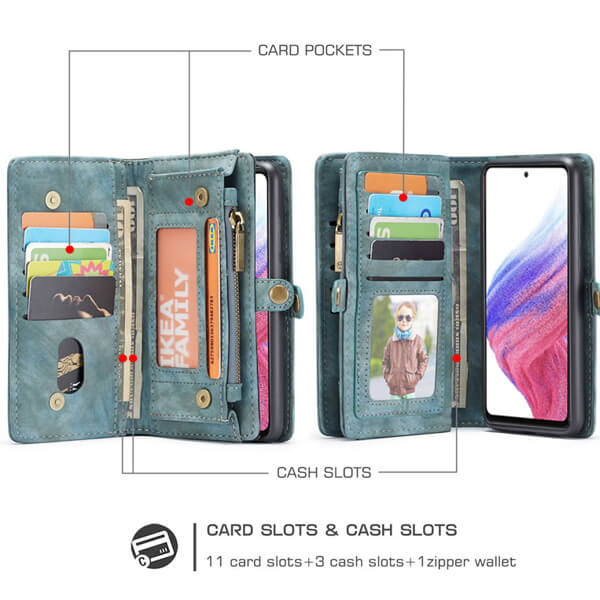 CaseMe For Samsung Galaxy A53 5G Zipper & Detachable Retro Leather Pouch Wallet Flip Purse Bag Detachable Phone Case Cover (Sky Blue)