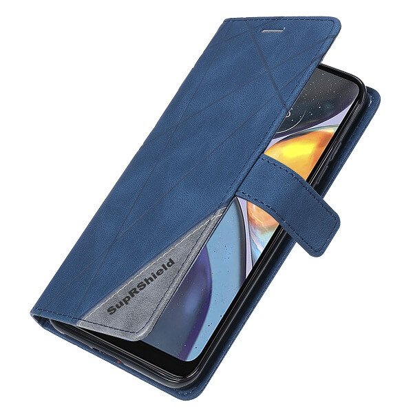 Motorola Moto G22 SupRShield Wallet Leather Card Holder Flip Protective Shockproof Magnetic Case Cover (Blue)